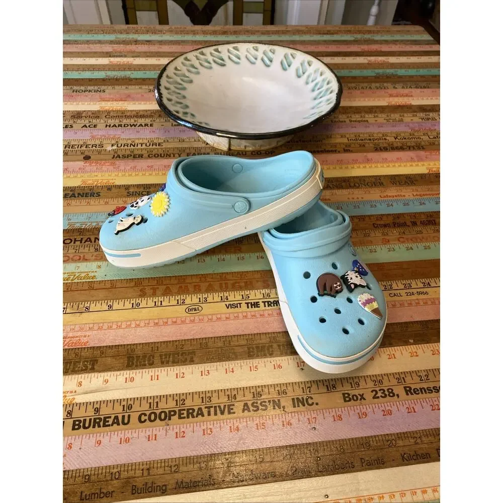 CROCS Crocband II Women's Size 10 Mens 8 Ice Blue White Clog w/ Jibbits